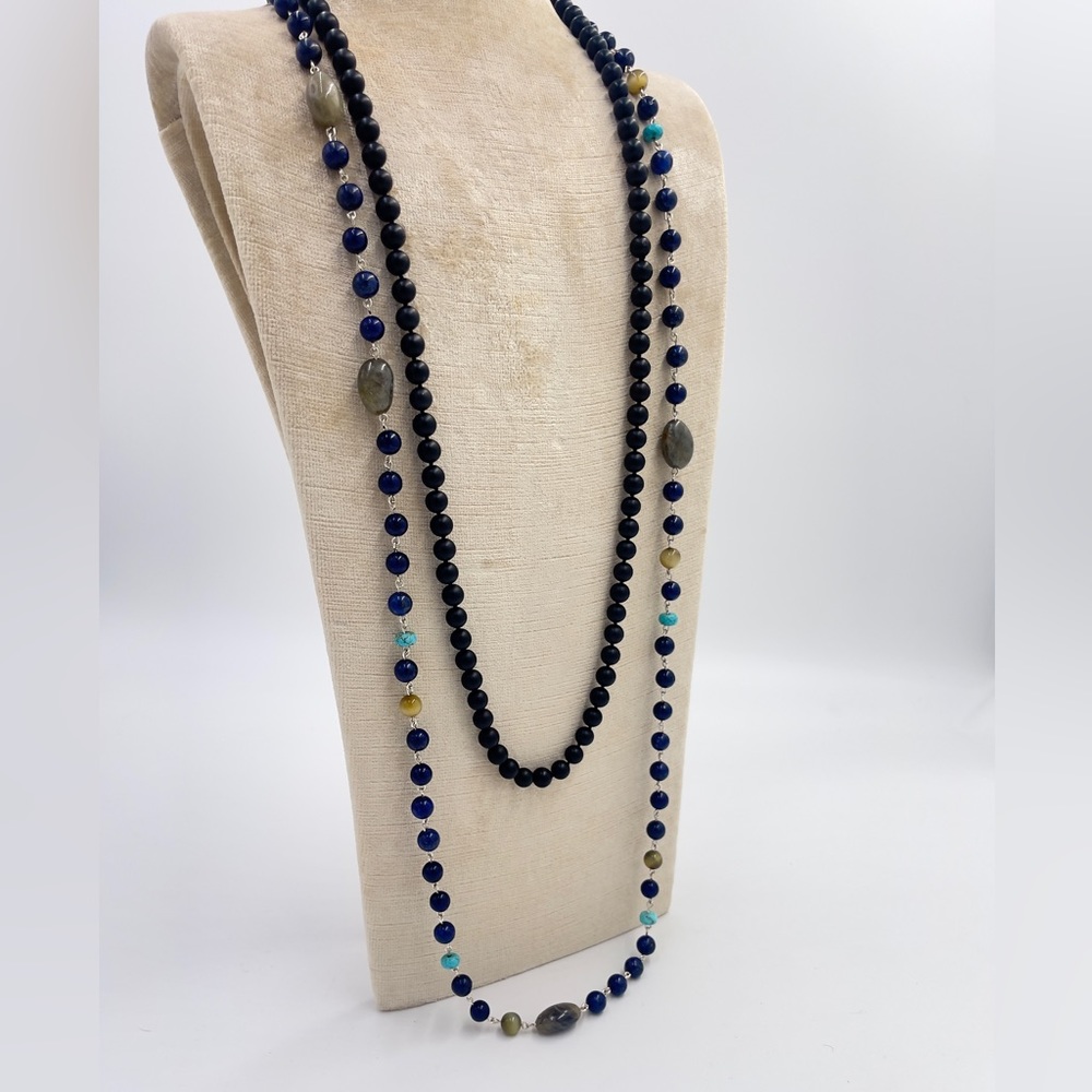 44” wire wrapped long genuine Lapis, labradorite, gold tiger eye, stone necklace
